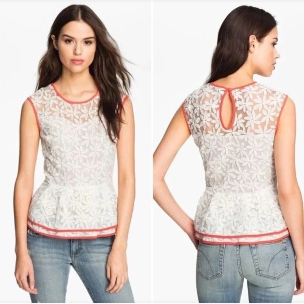 NWT Pure Sugar White Floral Lace Sleeveless Peplum Top with Coral Trim - Size XS